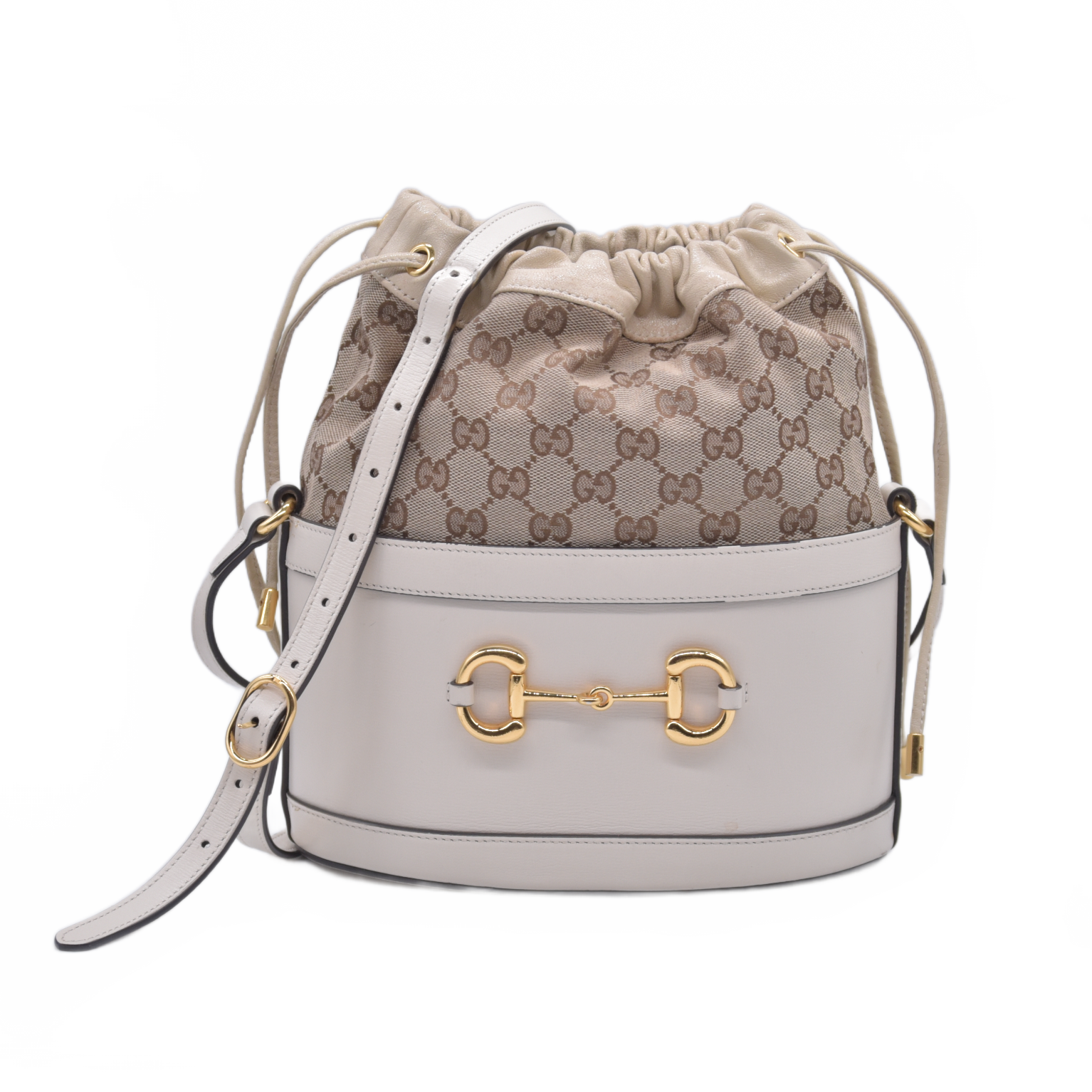 $2200 Gucci Monogram Textured Calfskin Horsebit 1955 Drawstring Bucket Bag Beige Mystic White 10020895