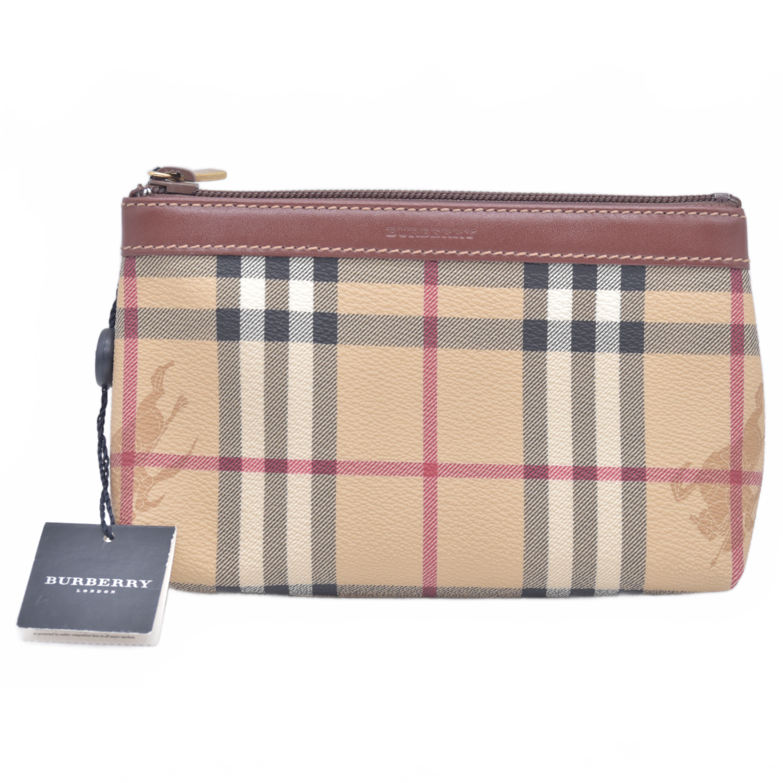$595 Burberry Small Check Travel Pouch Archive Beige Briar Brown CONSIGNMENT