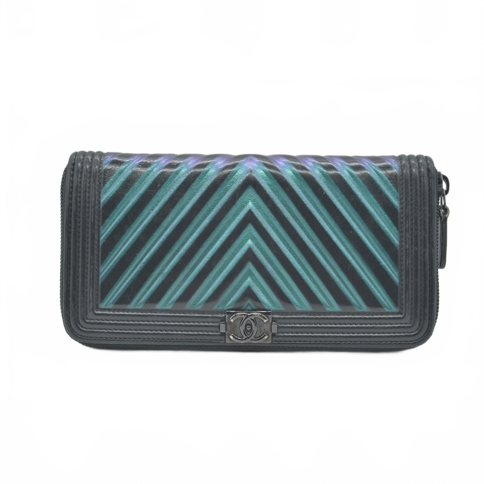 Chanel Calfskin Chevron Quilted Iridescent Zip Around Boy Wallet CONSIGNMENT