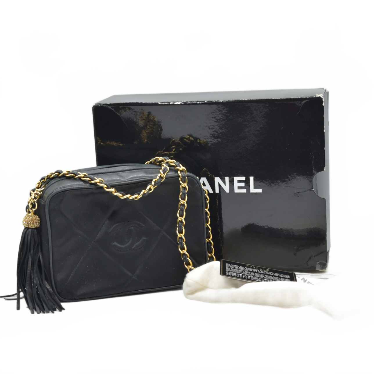 Chanel Chanel Vintage Black Quilted Satin CC Tassel Shoulder Bag