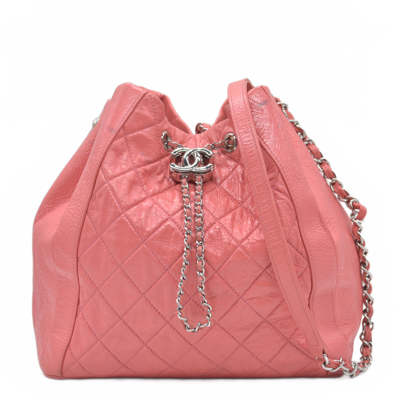 $4500 Chanel Pink CC Chain Drawstring Bucket Bag Leather