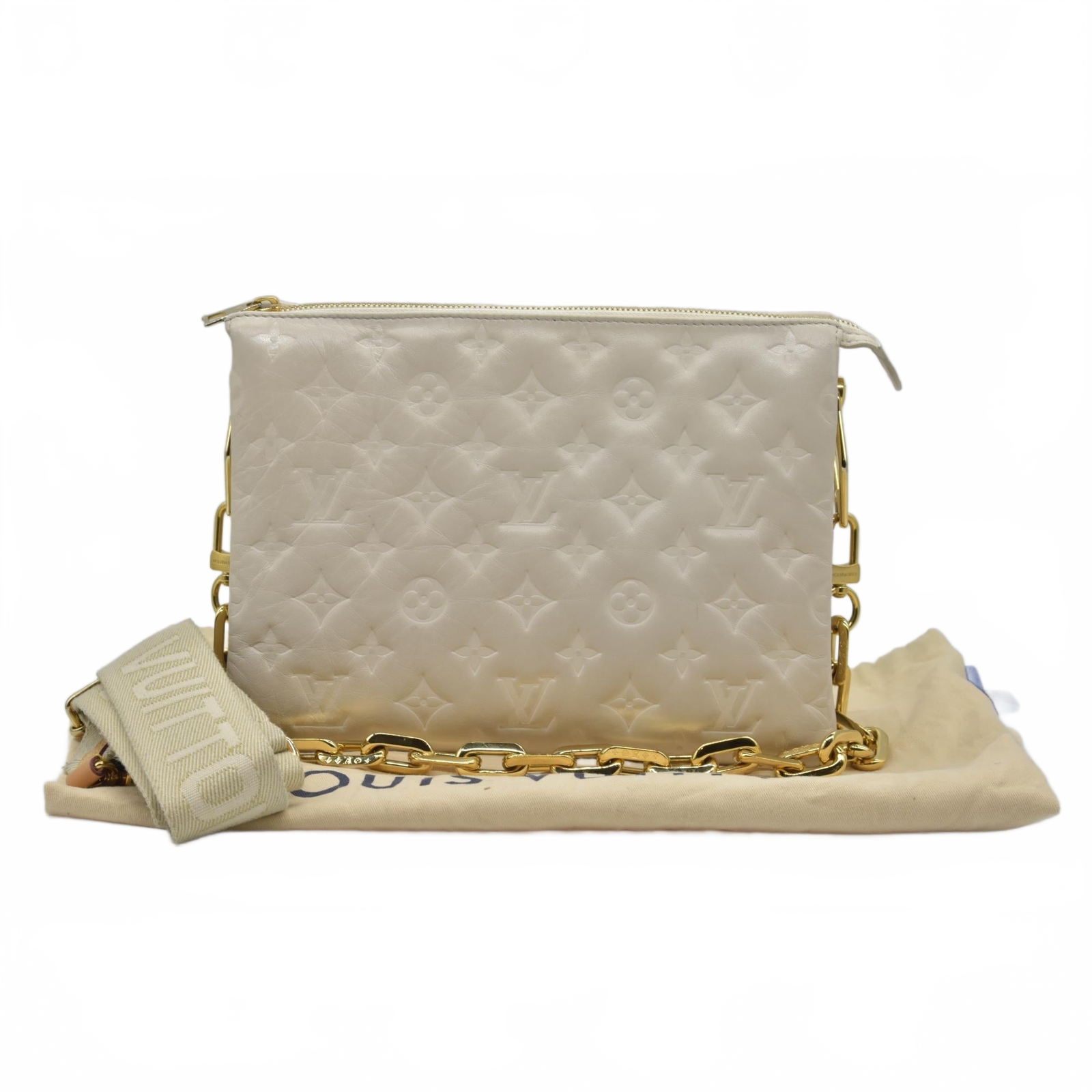 $4950 Louis Vuitton Lambskin Embossed Monogram Coussin PM Beige Cream