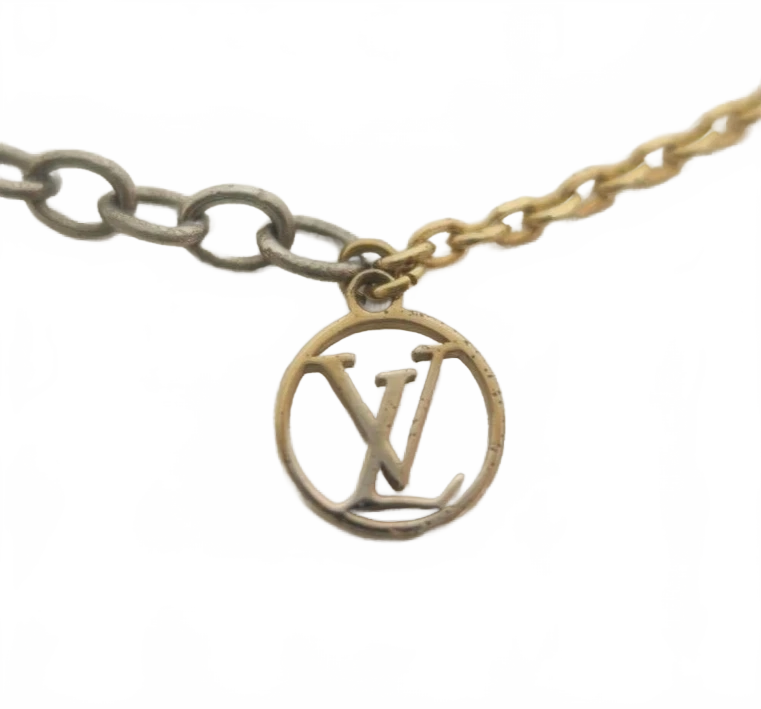 $585 2017 Louis Vuitton Bi-Metal Logomania Necklace Gold Silver OB1107