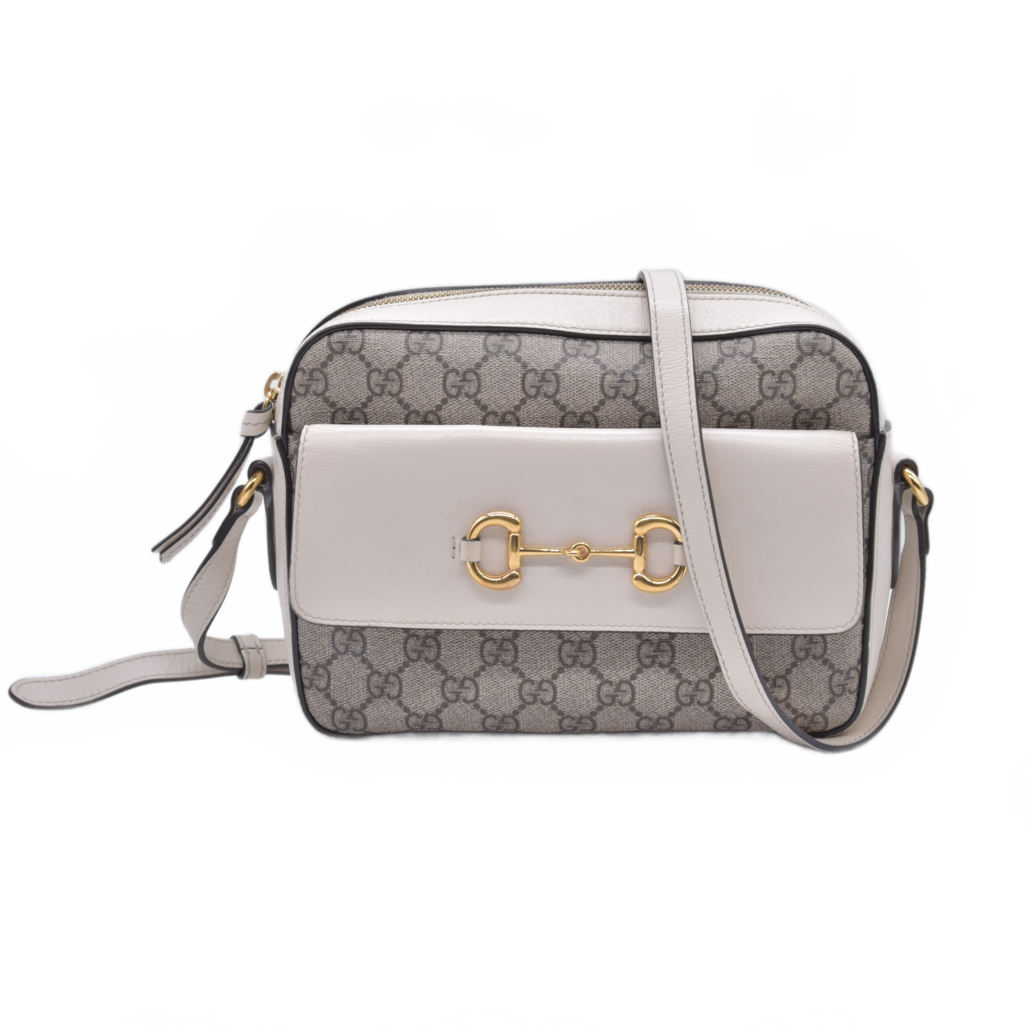 $1650 Gucci GG Supreme Monogram Small Horsebit 1955 Shoulder Bag Beige Mystic White 10020896