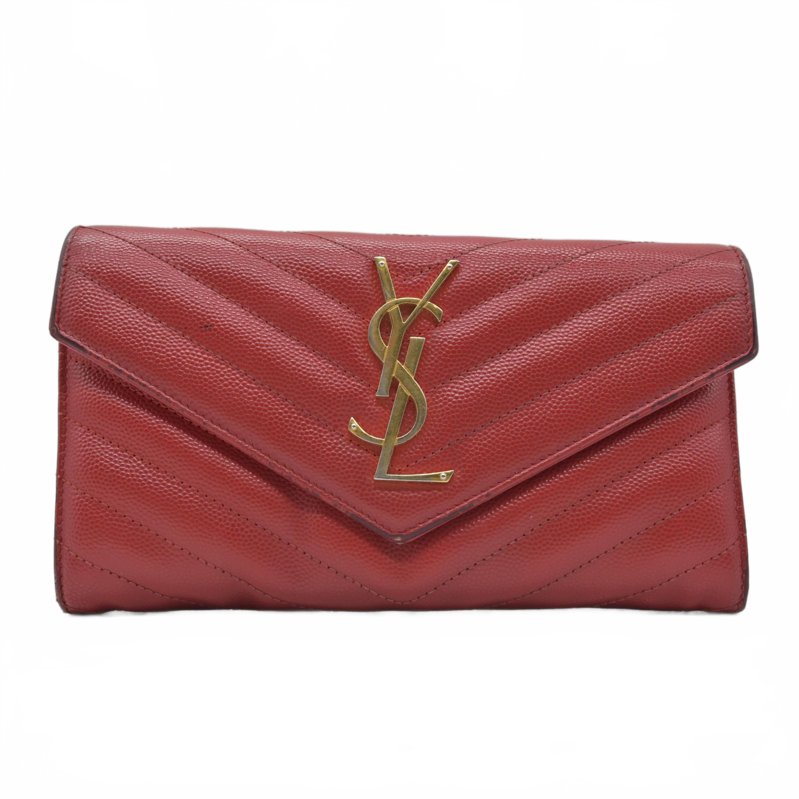 $750 Saint Laurent Grain De Poudre Matelasse Chevron Monogram Flap Wallet Red