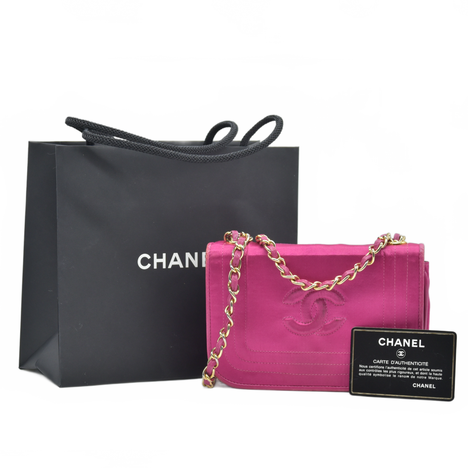 $3500 1986-1988 Chanel Vintage Coco Mark Satin Chain Shoulder Bag Pink