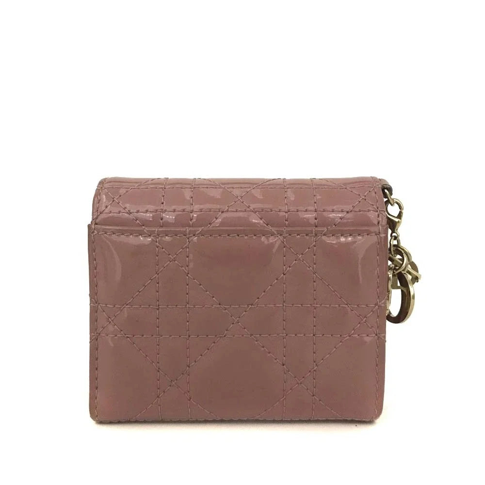 $710 Christian Dior Cannage Patent Leather Trifold Wallet Pink