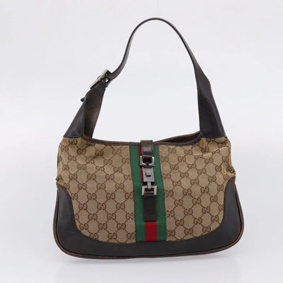 $1400 Gucci Web Jackie Leather and Canvas Supreme Hobo