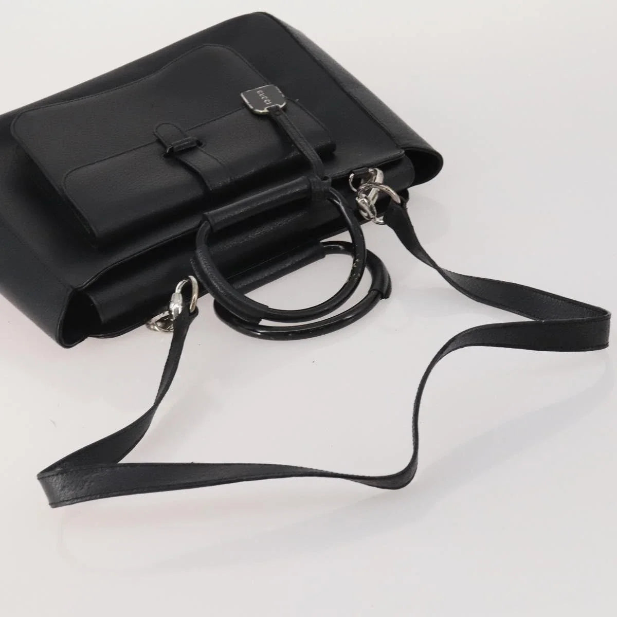 GUCCI Leather Tote Bag Black Medium Bamboo