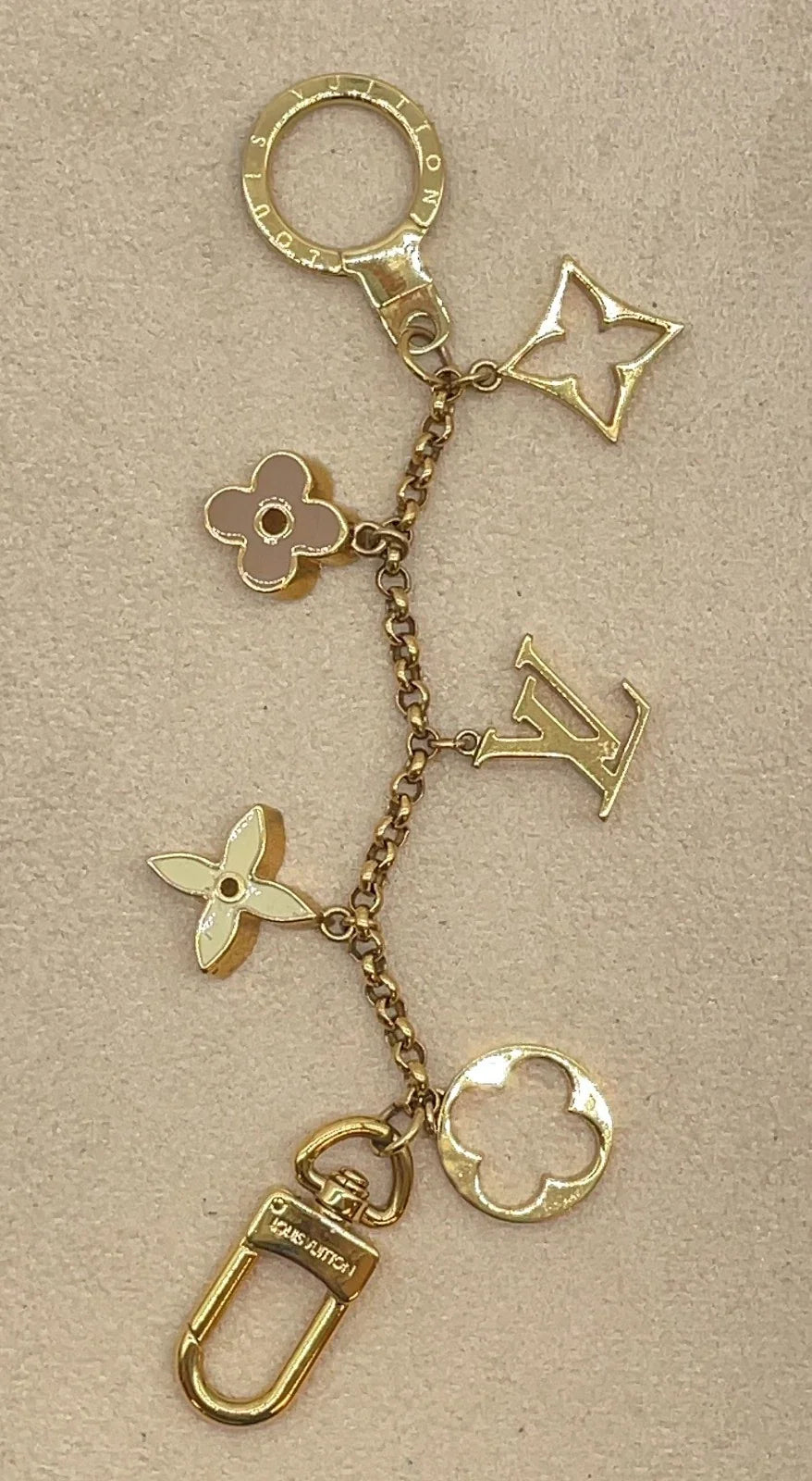 $675 Louis Vuitton Fleur de Monogram Bag Charm Chain Gold Beige