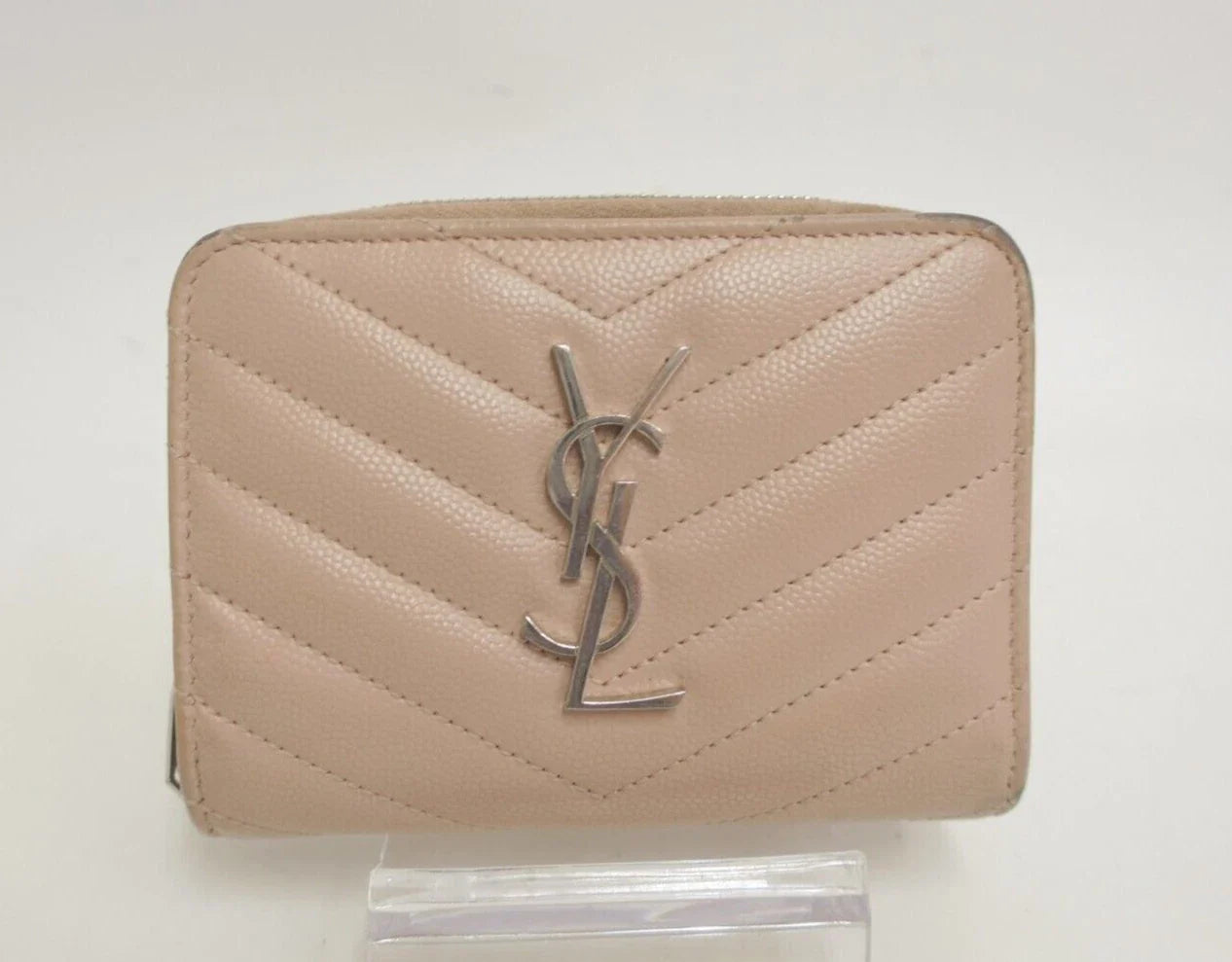 YSL Saint Laurent Leather V stitch Zip Around Compact Wallet