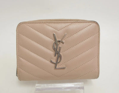 YSL Saint Laurent Leather V stitch Zip Around Compact Wallet