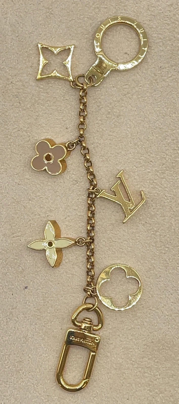 $675 Louis Vuitton Fleur de Monogram Bag Charm Chain Gold Beige