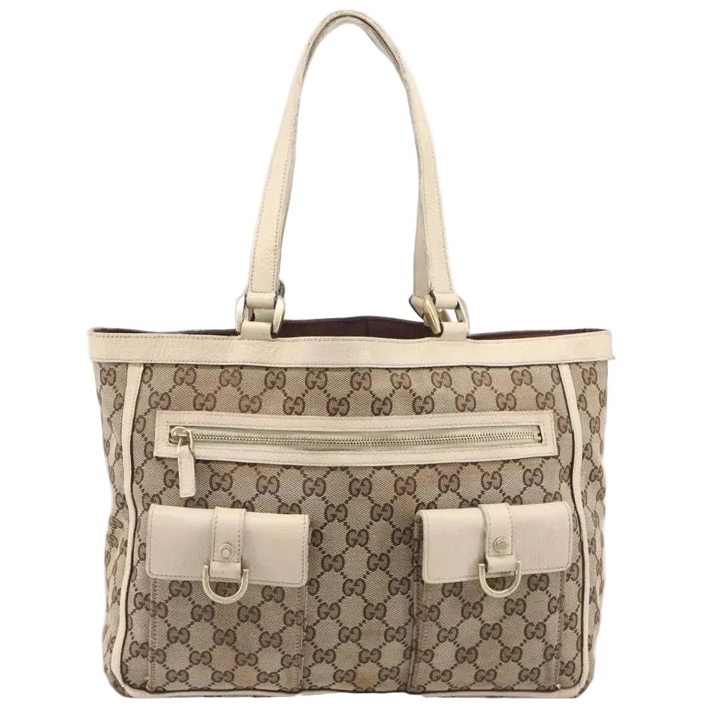 $1050 Gucci Beige/White GG Canvas Abbey Pocket Tote Bag