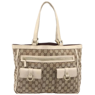 $1050 Gucci Beige/White GG Canvas Abbey Pocket Tote Bag