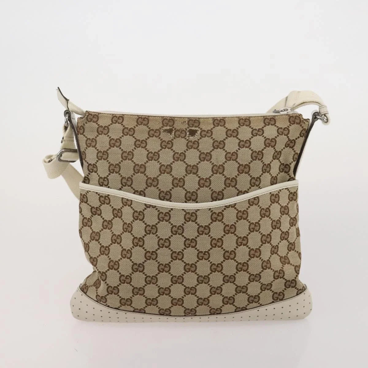 $800 Gucci Monogram Calfskin Perforated Medium Flat Messenger Bag Off White