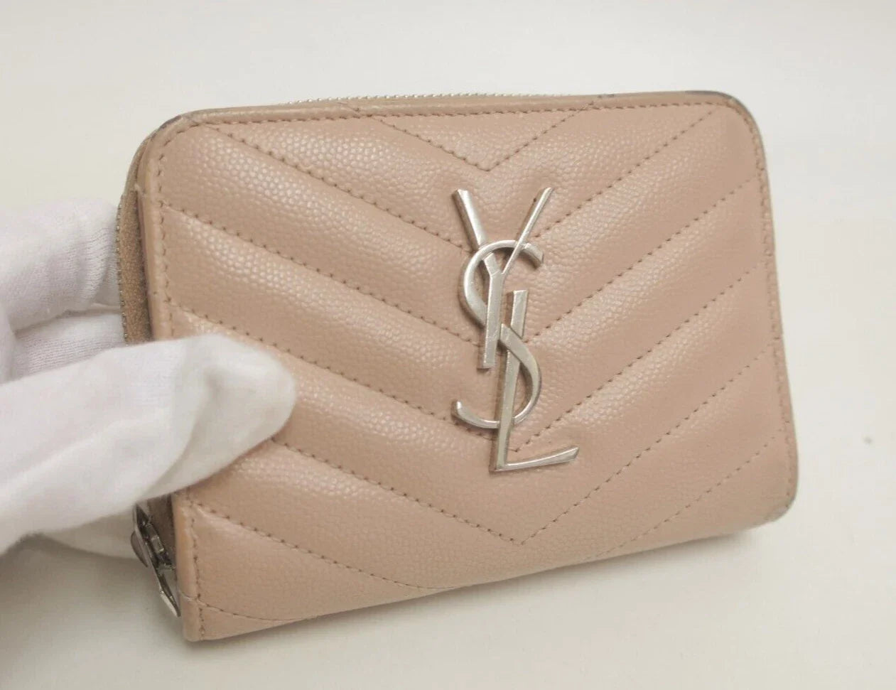 YSL Saint Laurent Leather V stitch Zip Around Compact Wallet