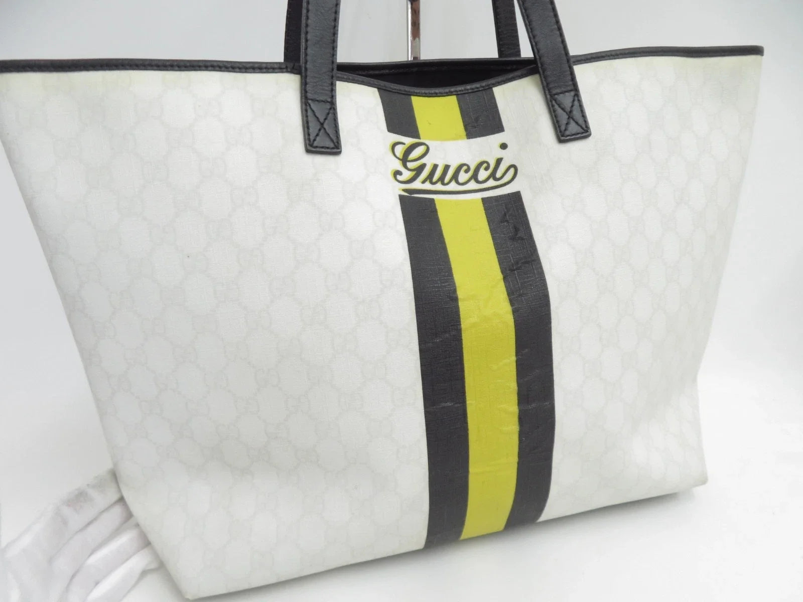 $1190 Gucci Supreme Web Tote with Vintage Gucci Logo - Oatmeal and Neon