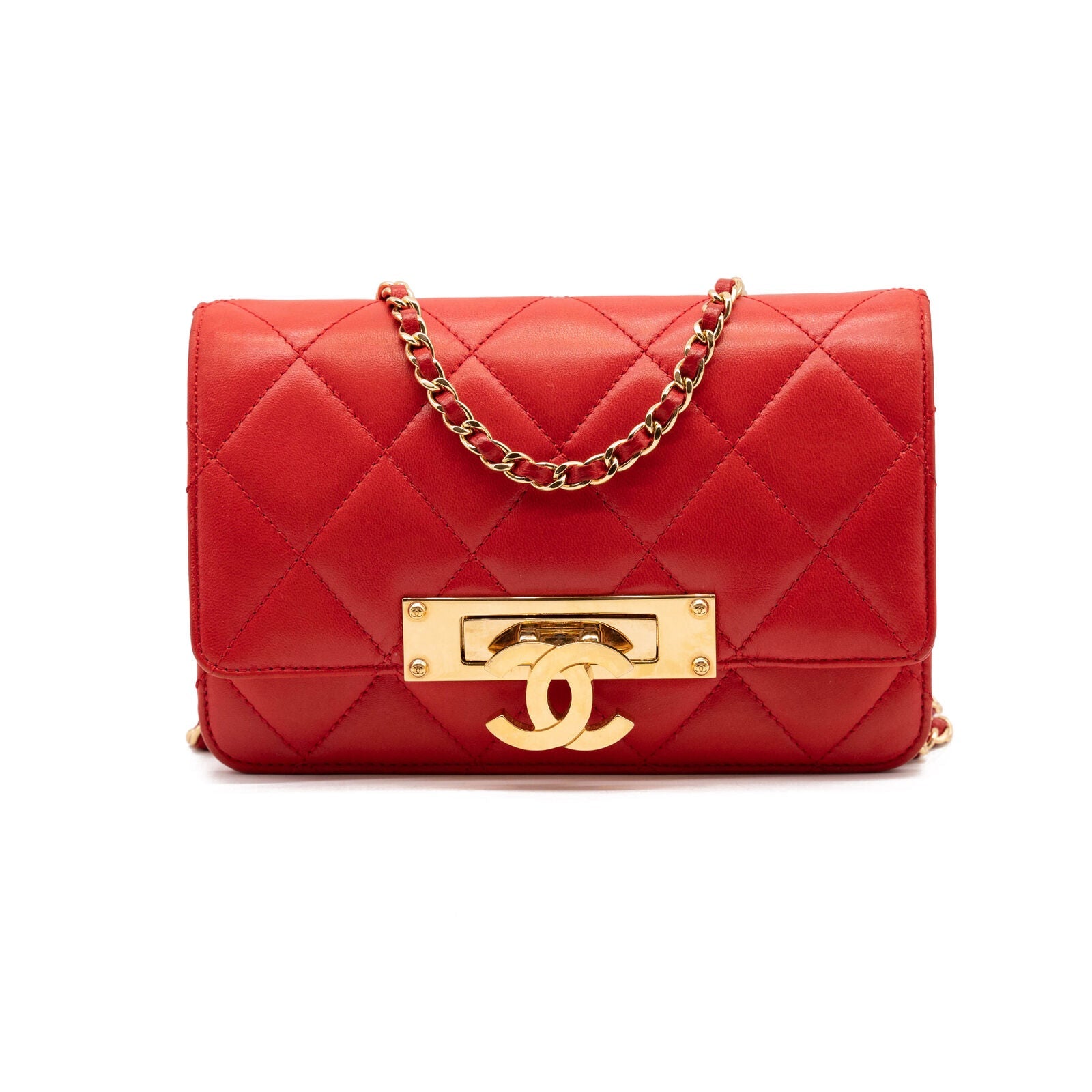 Chanel Lambskin Quilted Golden Class Wallet on Chain woc Red