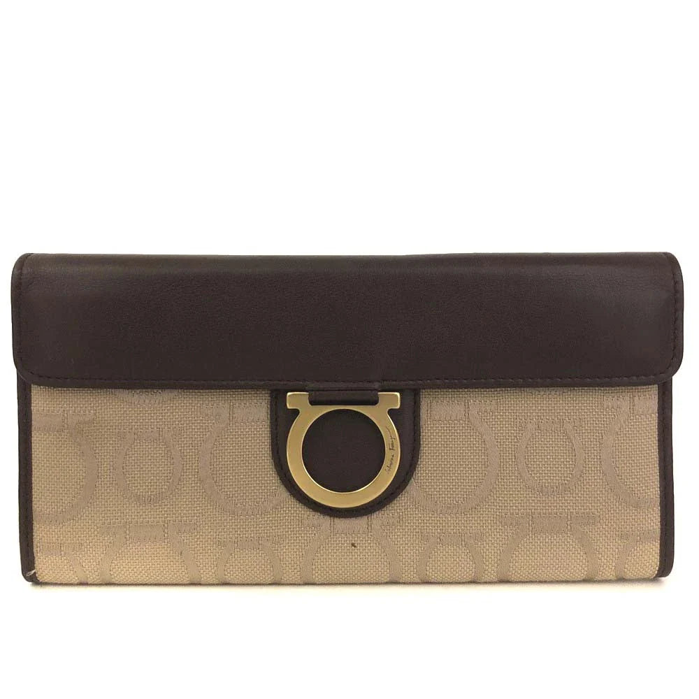 Salvatore Ferragamo Gancini Canvas Leather Long Bifold Wallet