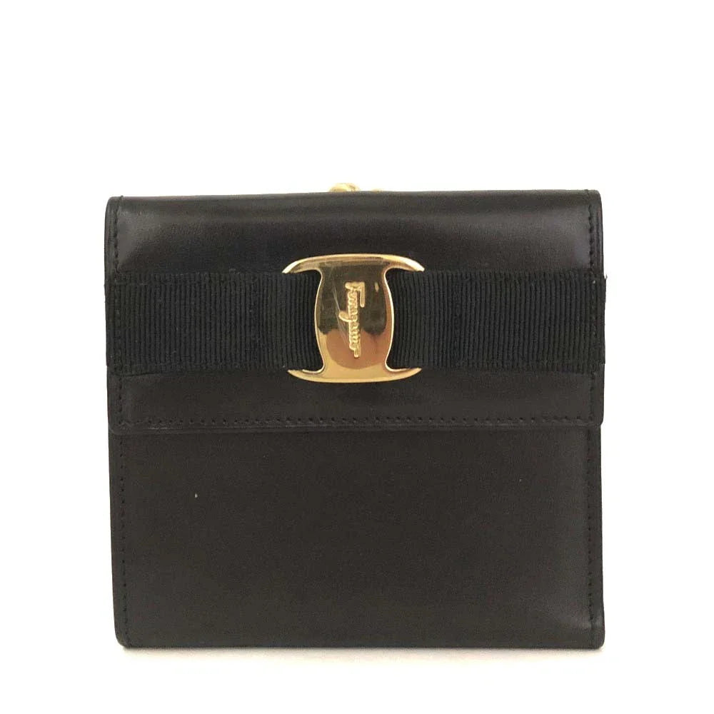 Salvatore Ferragamo Vara Leather Trifold Wallet Black