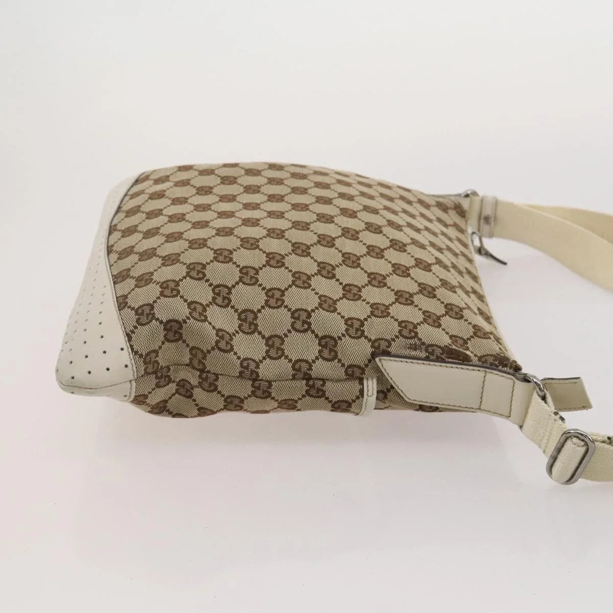 $800 Gucci Monogram Calfskin Perforated Medium Flat Messenger Bag Off White