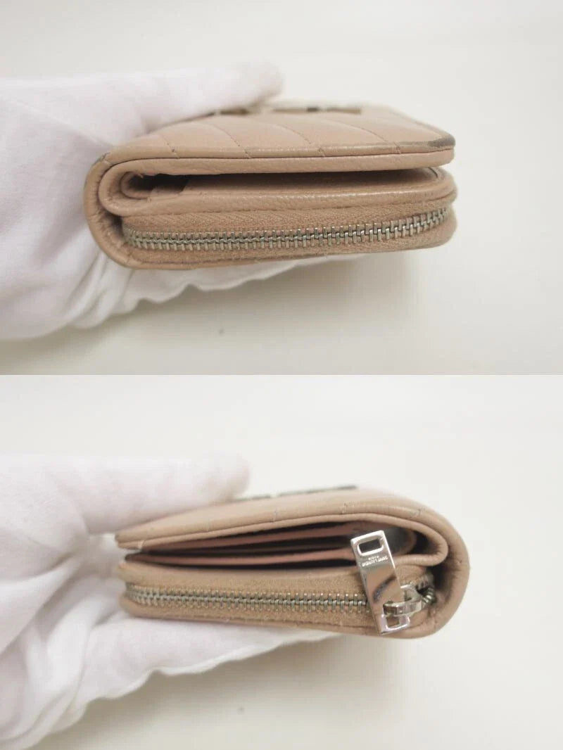 YSL Saint Laurent Leather V stitch Zip Around Compact Wallet