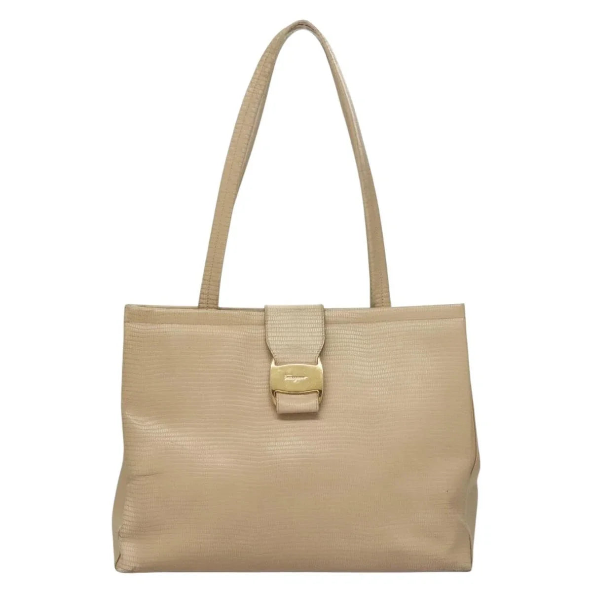 $1100 Salvatore Ferragamo Vala Croc Embossed Shoulder Bag Leather Beige Gold Auth