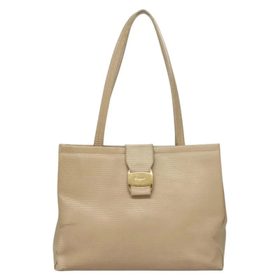 $1100 Salvatore Ferragamo Vala Croc Embossed Shoulder Bag Leather Beige Gold Auth