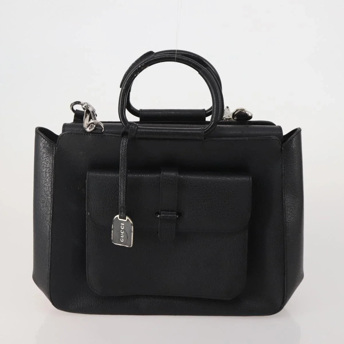 GUCCI Leather Tote Bag Black Medium Bamboo