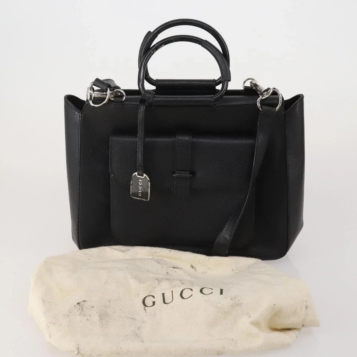 GUCCI Leather Tote Bag Black Medium Bamboo