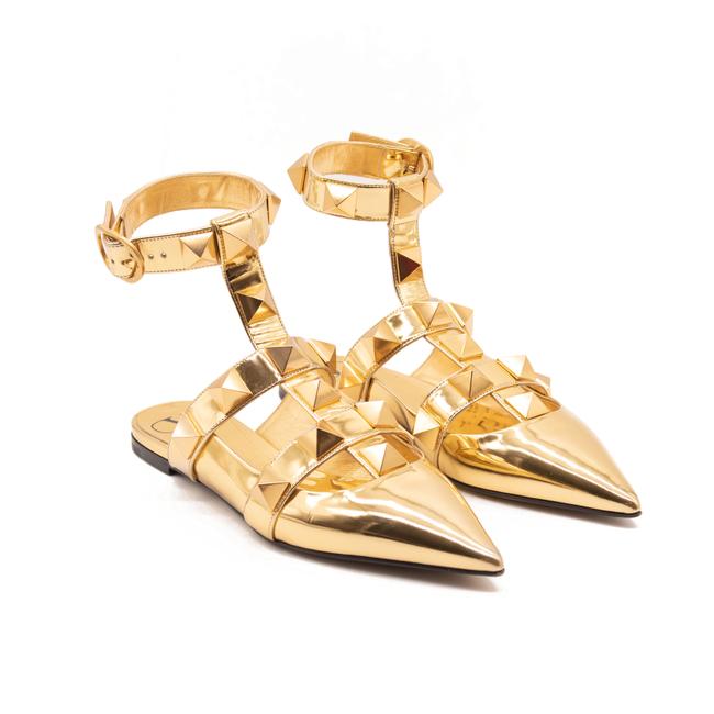 NEW Valentino Gold Roman Ankle Strap Pointed Toe Brass Eu38.5 Flats