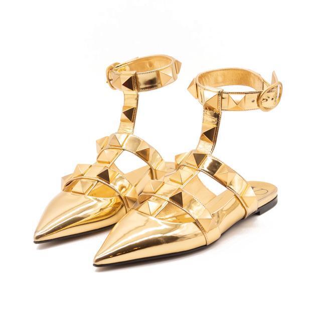 Valentino Gold Roman Ankle Strap Pointed Toe Brass Flats