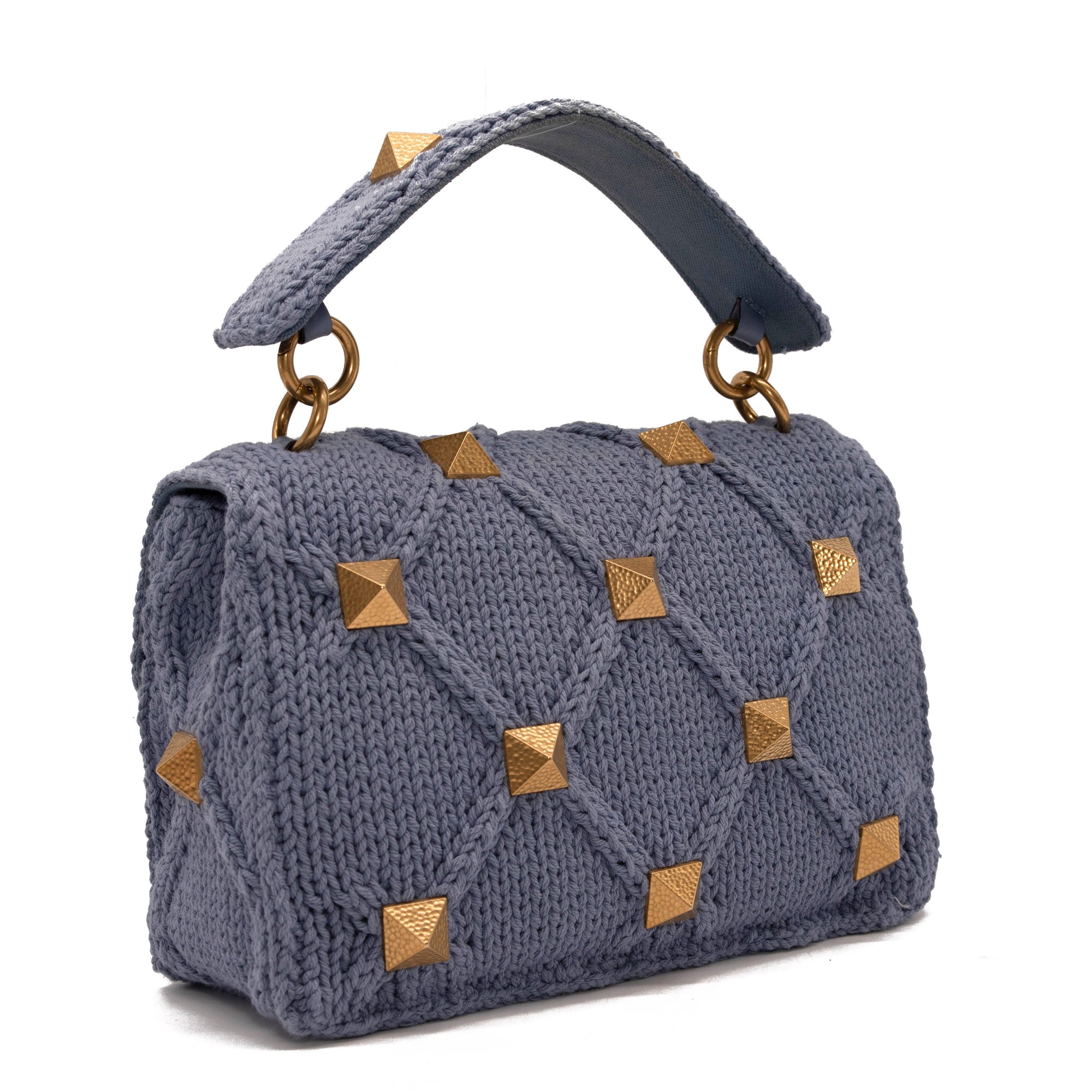 Valentino Roman Stud Knit Cotton Shoulder Bag Blue