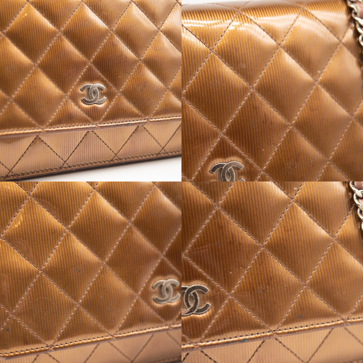Chanel Patent Quilted Wallet On Chain WOC Brown Metallic Bronze CC