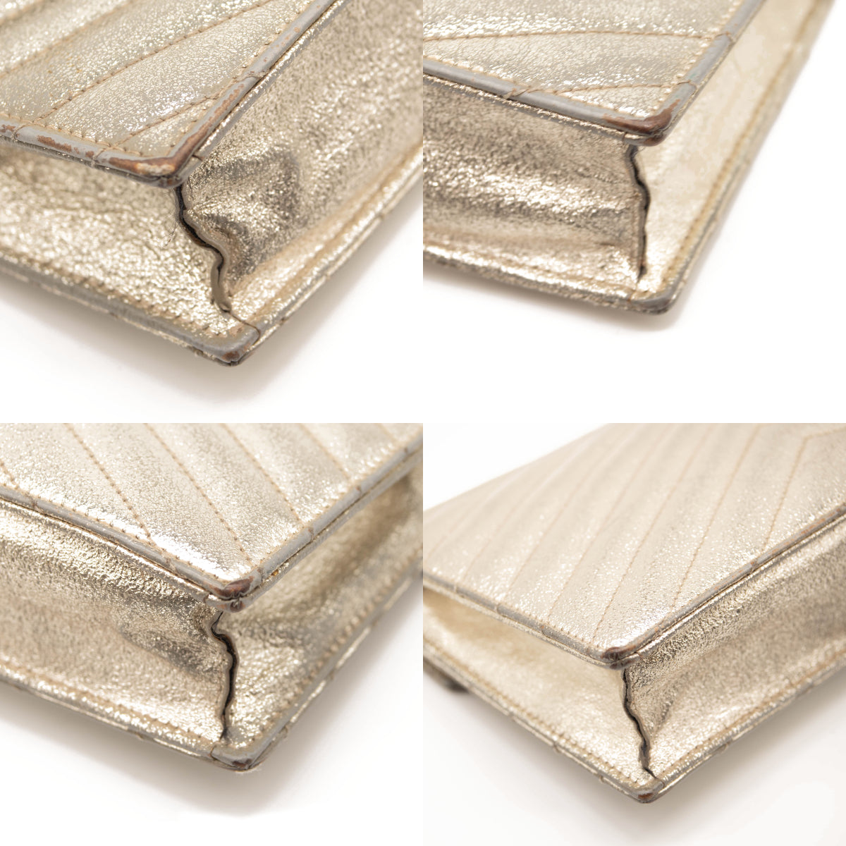 Saint Laurent Grain De Poudre Matelasse Chevron Monogram Envelope Chain Wallet Gold