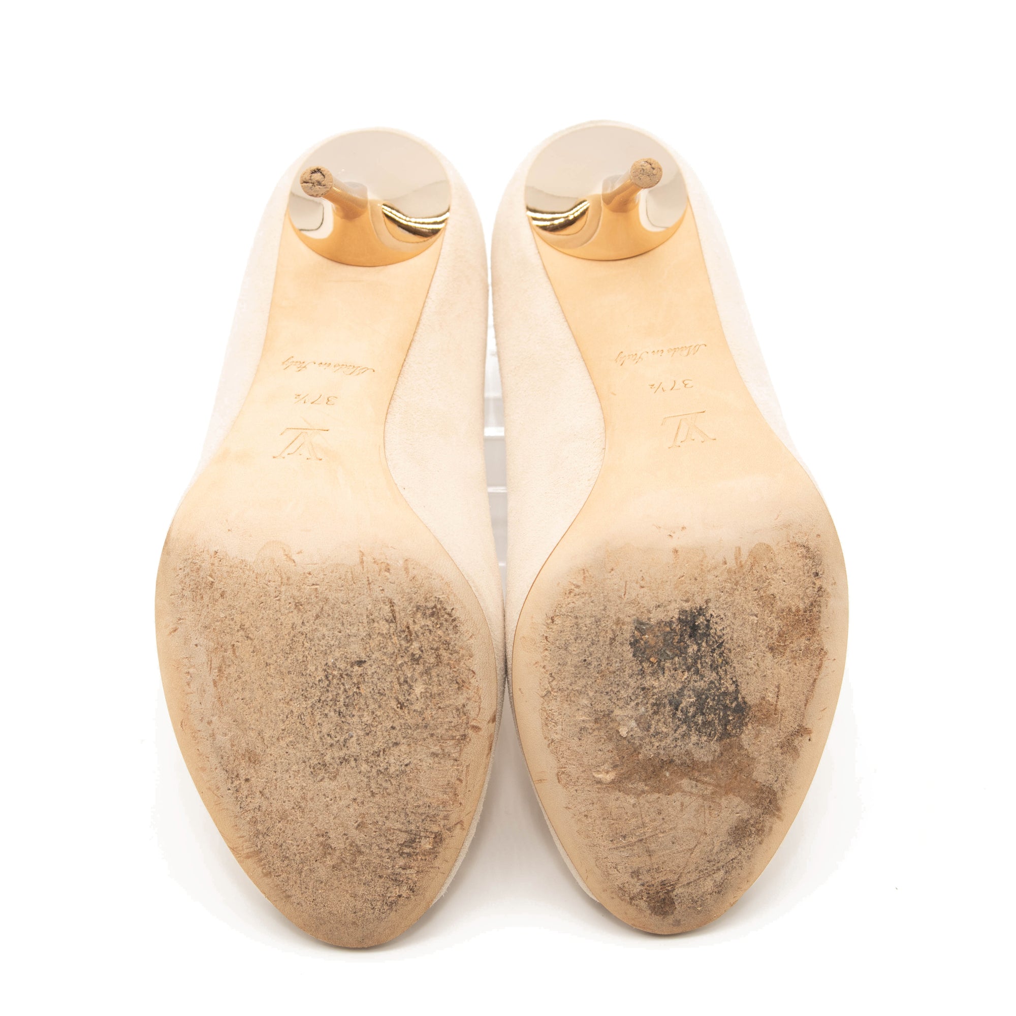 Louis Vuitton Peep Toe Suede Pumps Eyeline 37.5 Gold Heel