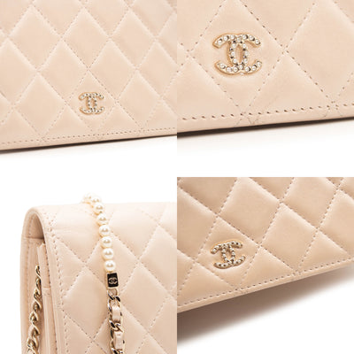 Chanel Iridescent Lambskin Quilted Pearl Wallet On Chain WOC Light Beige Pink