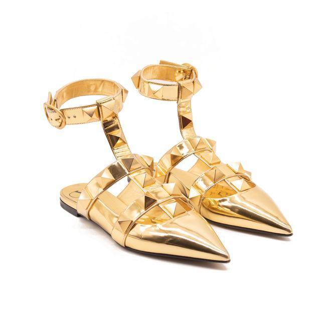 Valentino Gold Roman Ankle Strap Pointed Toe Brass Flats