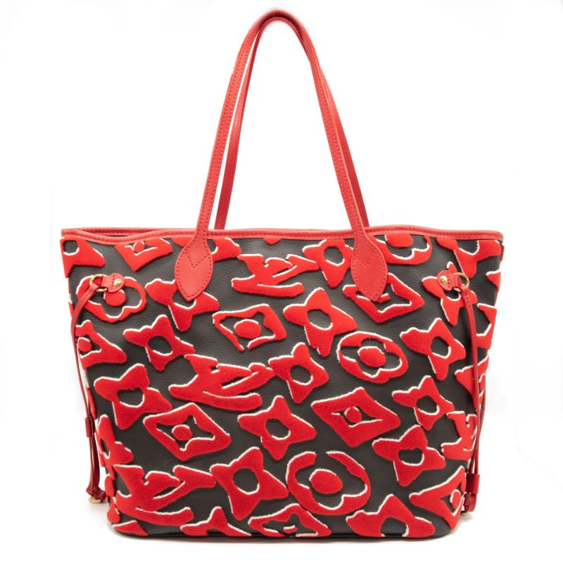 LOUIS VUITTON X UF Tufted Monogram Neverfull MM in Black and Red Tote