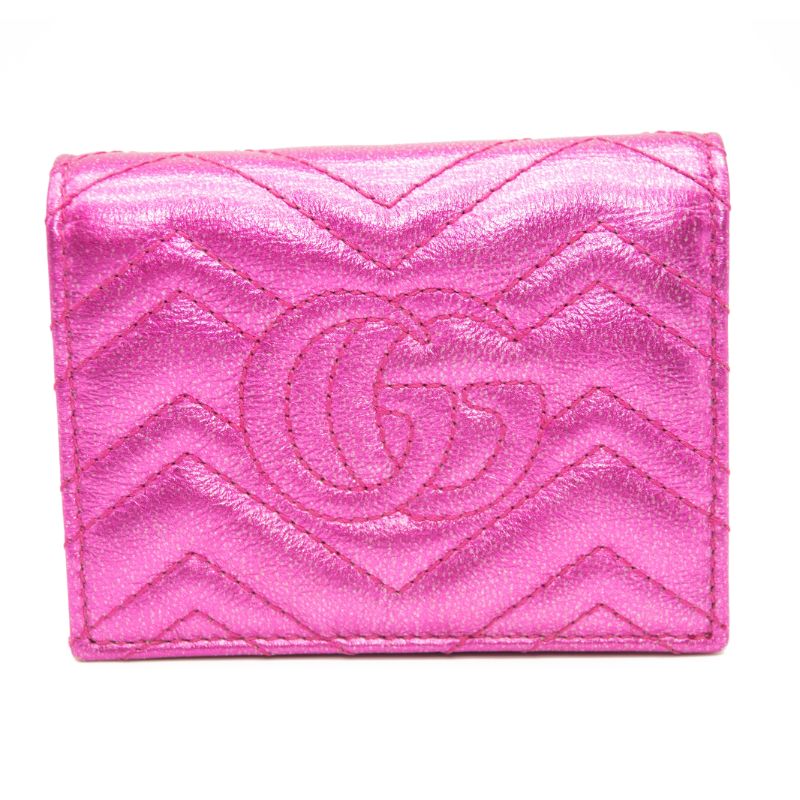 Gucci Metallic Calfskin Matelasse Crystal GG Marmont Wallet Fuchsia
