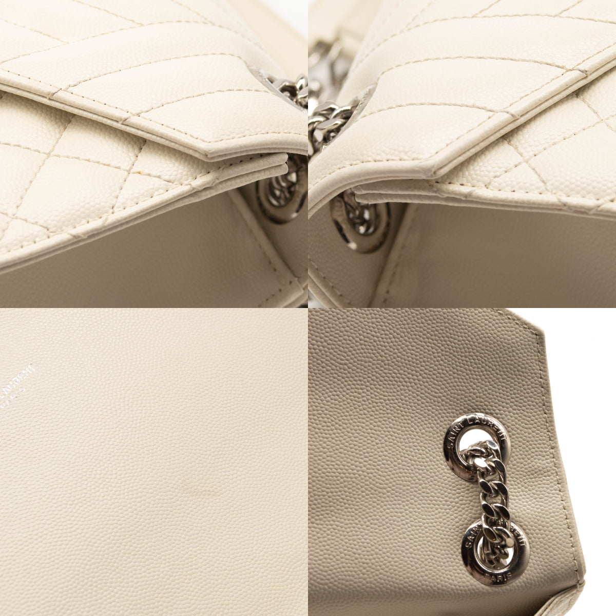 Saint Laurent Grain De Poudre Mixed Matelasse Large Triquilt Monogram Satchel Porcellana White