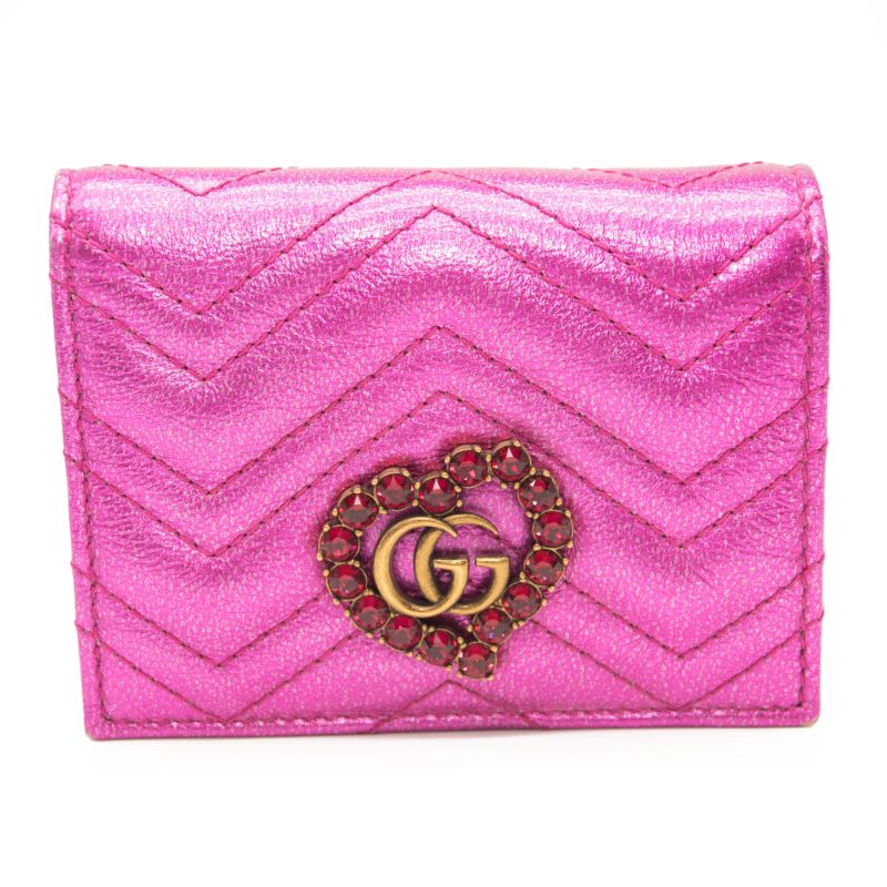 Gucci Metallic Calfskin Matelasse Crystal GG Marmont Wallet Fuchsia