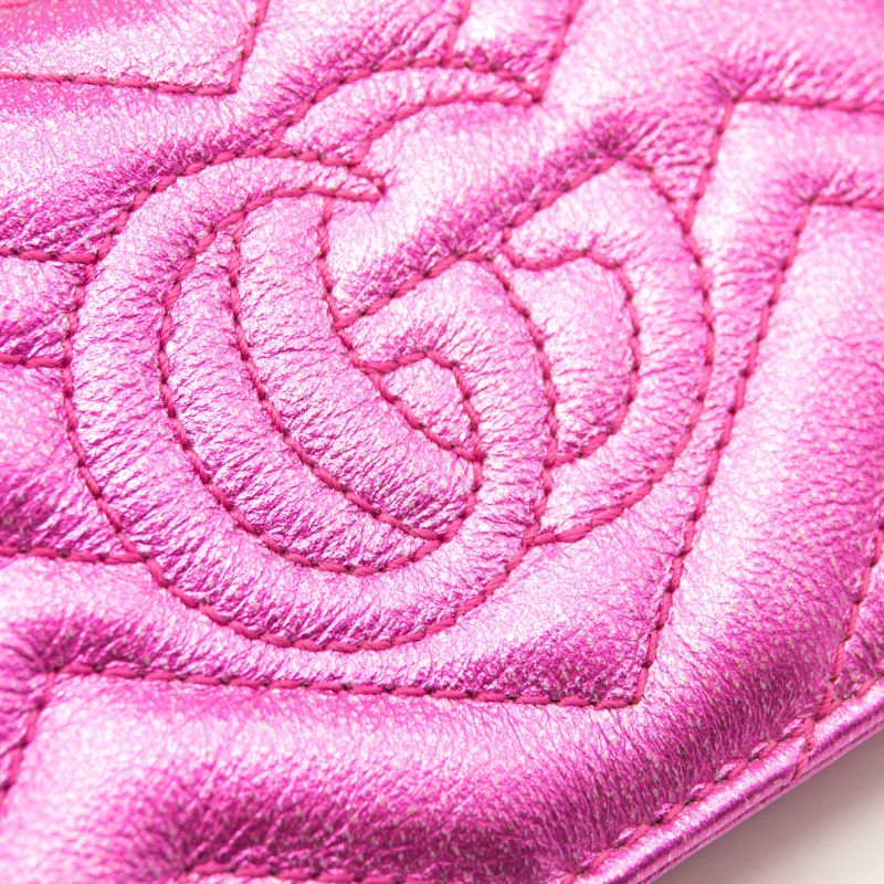 Gucci Metallic Calfskin Matelasse Crystal GG Marmont Wallet Fuchsia
