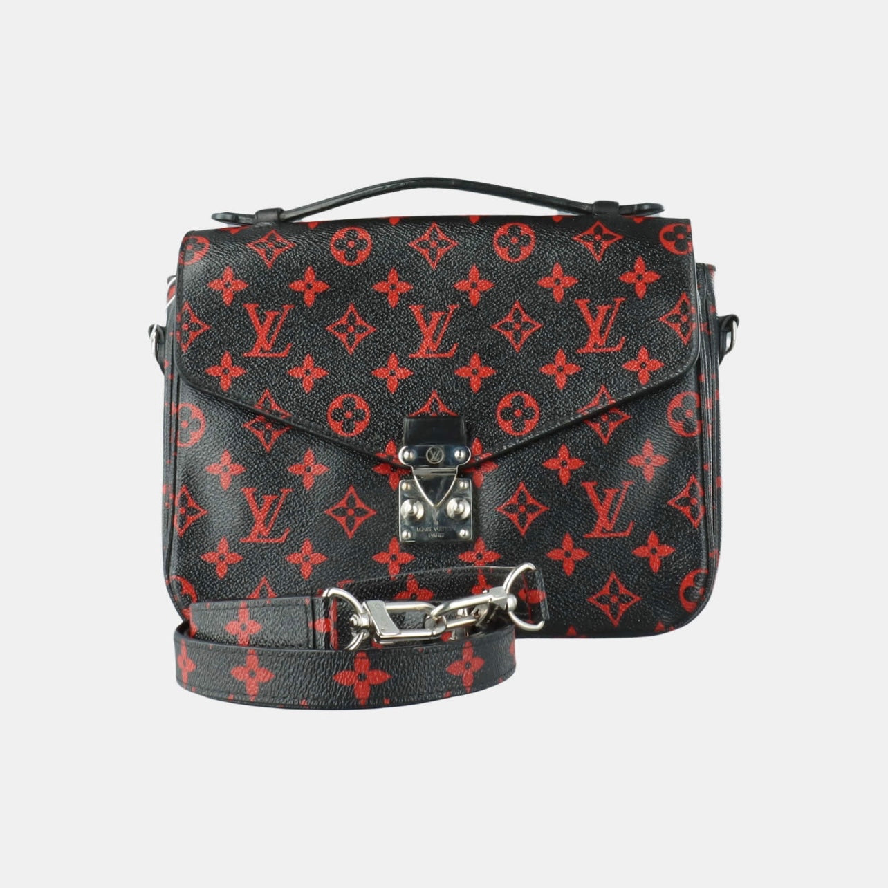 On-trend silhouette meets the iconic preloved Louis Vuitton monogram print  in this edgy Infrarouge rendition of the stylish Pochette Metis.…