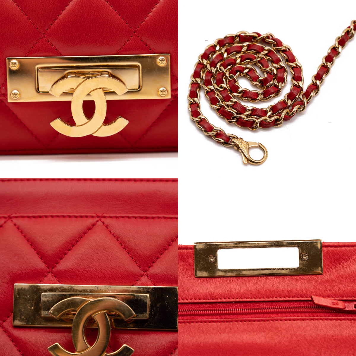 Chanel Gold Quilted Lambskin Double Zip Pearl Chain Wallet