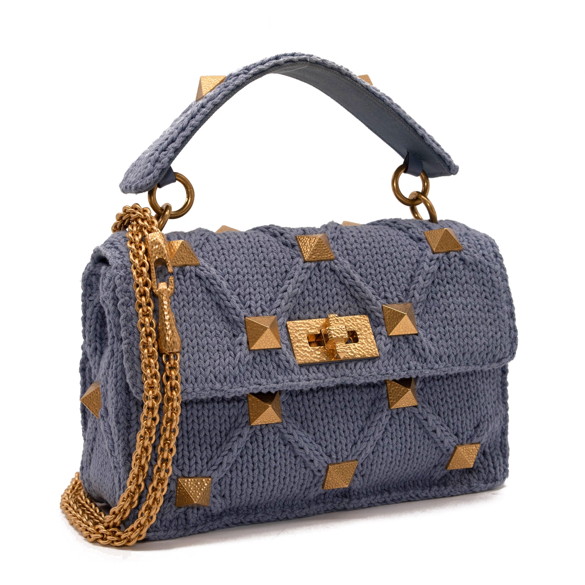 Valentino Roman Stud Knit Cotton Shoulder Bag Blue