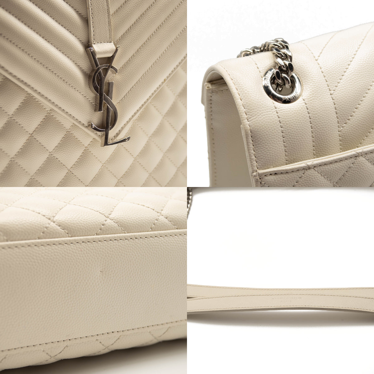 Saint Laurent Grain De Poudre Mixed Matelasse Large Triquilt Monogram Satchel Porcellana White
