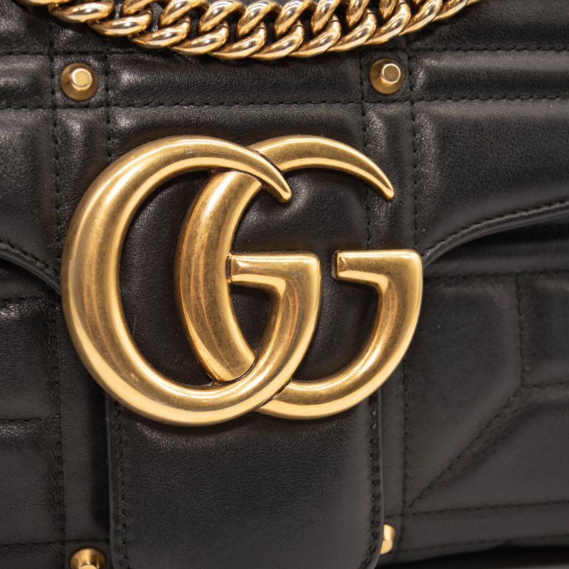 Gucci Calfskin Matelasse Studded Medium GG Marmont Shoulder Bag Black