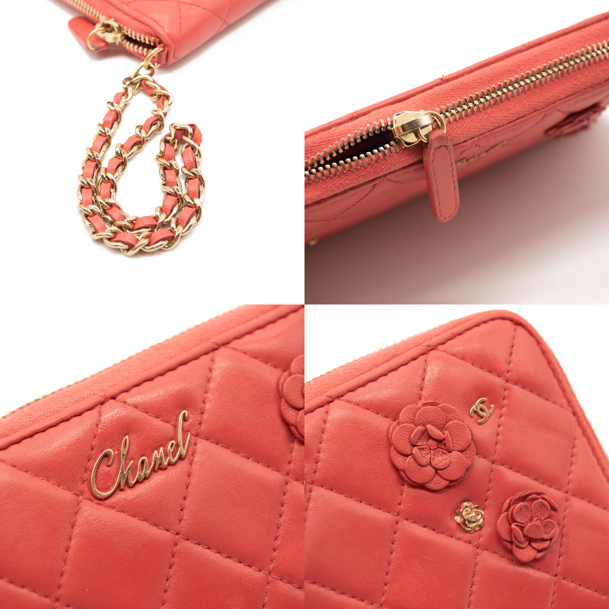 CHANEL Lambskin Camellia Embossed Wallet On Chain WOC Red 1156536
